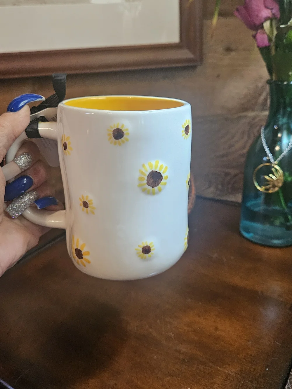 Rae Dunn White Mug with Yellow Sunflower Interior and Exterior
